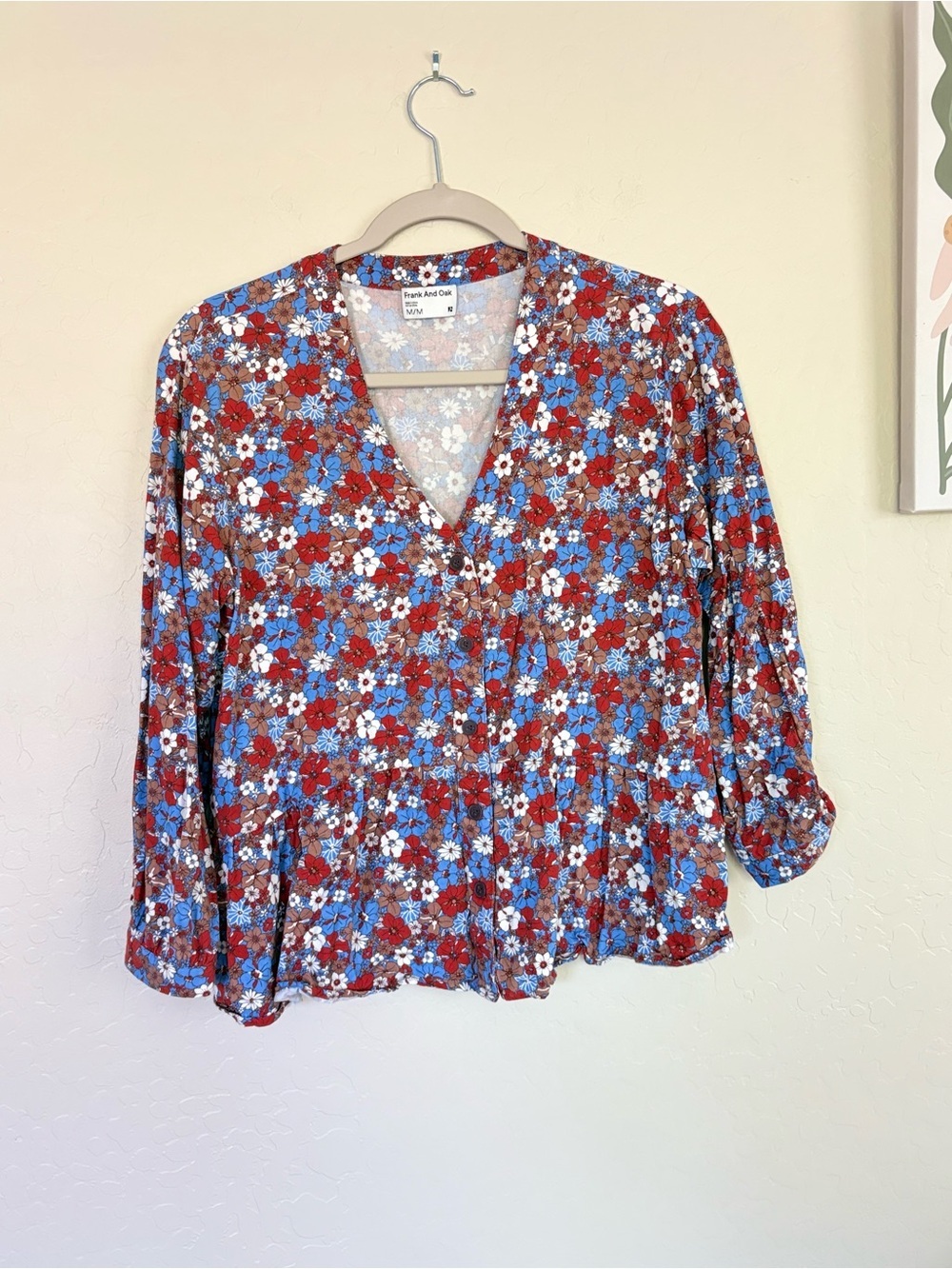 Frank & Oak Floral Peplum Top Medium Blue Red White 3/4 Sleeve Blouse